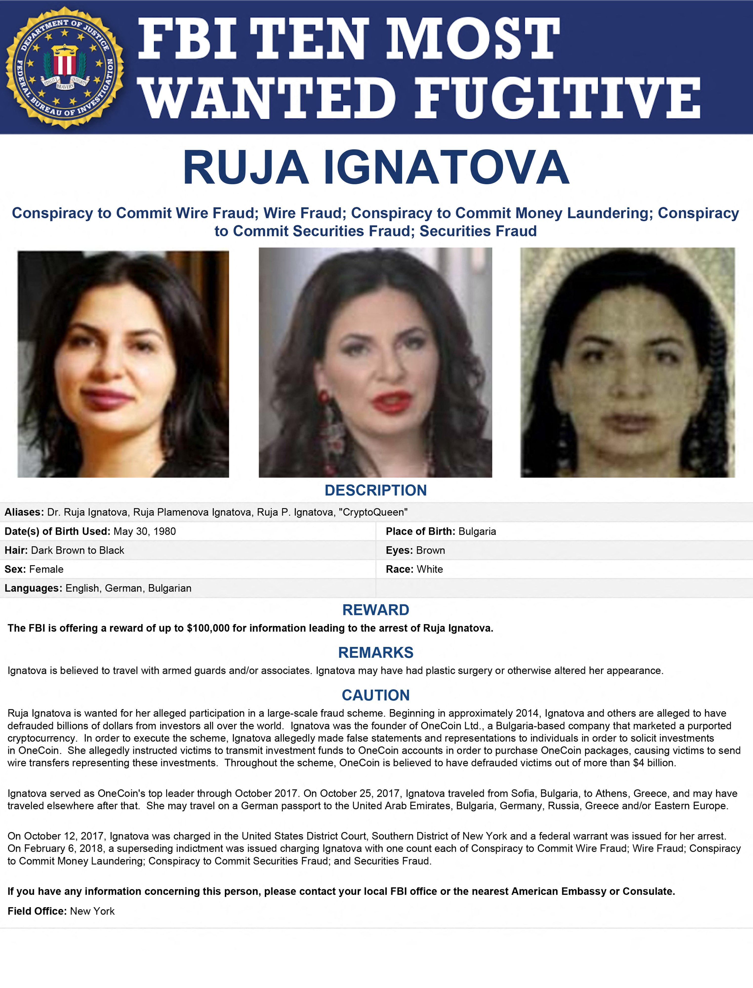 (FBI) ของสหรัฐเพิ่มชื่อ รูจา อิกนาโตวา