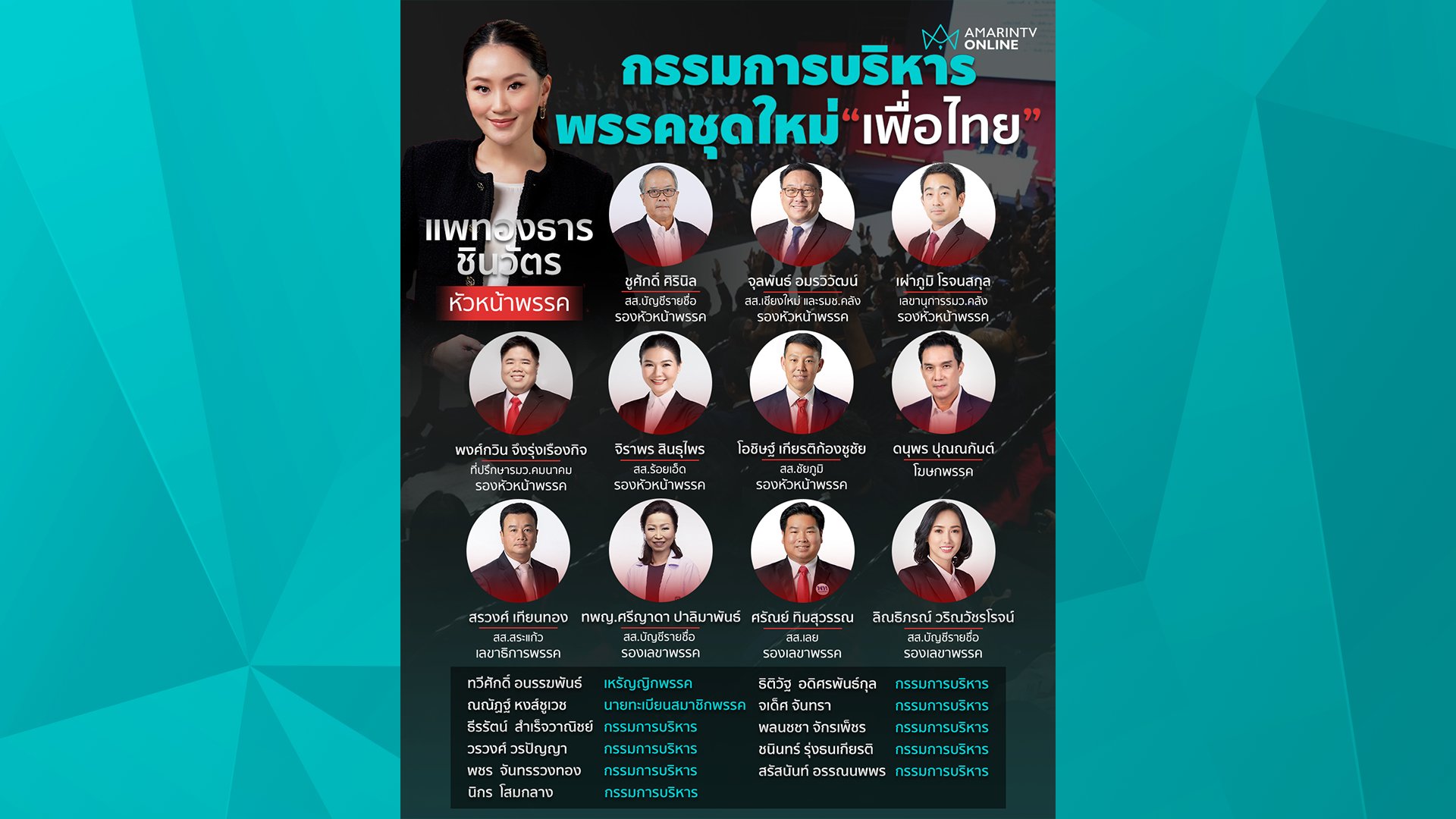 รายชื่อคณะกรรมการบริหาร พรรคเพื่อไทย ชุดใหม่ จำนวน 23 คน 