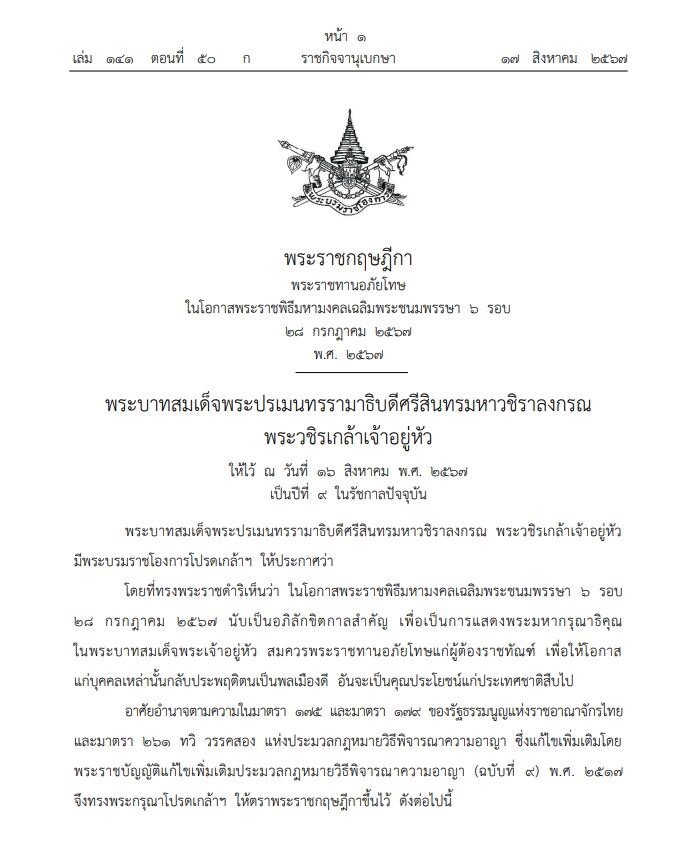 ราชกิจจานุเบกษา เผยแพร่ พระราชกฤษฎีกา พระราชทานอภัยโทษ โอกาสเฉลิมพระชนมพรรษา