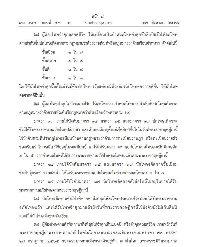 ราชกิจจานุเบกษา เผยแพร่ พระราชกฤษฎีกา พระราชทานอภัยโทษ โอกาสเฉลิมพระชนมพรรษา