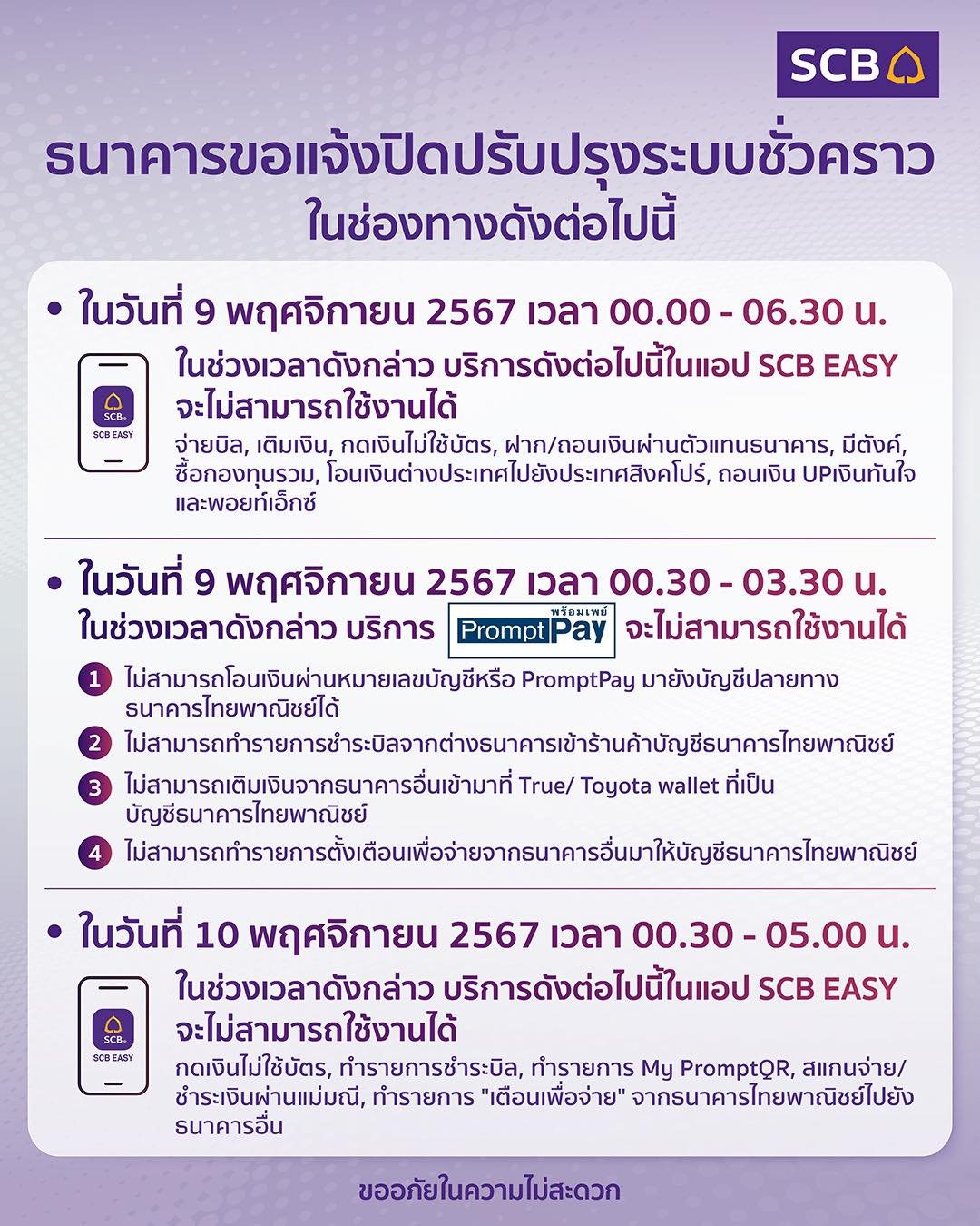 ธนาคารไทยพาณิชย์ แจ้งปิดปรับปรุง ระบบแอปฯ SCB EASY และ PromptPay 2 วัน