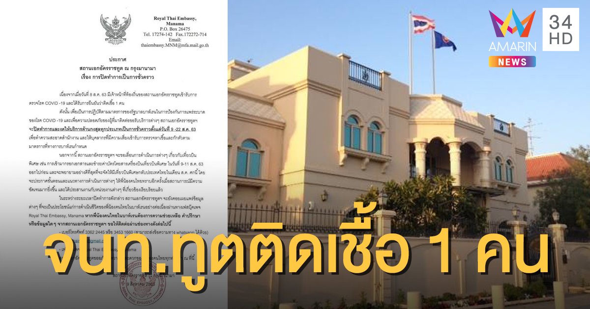 สถานทูตไทยในบาห์เรนแจ้งปิดให้บริการชั่วคราว  หลังพบ จนท.ติดโควิด 1 คน