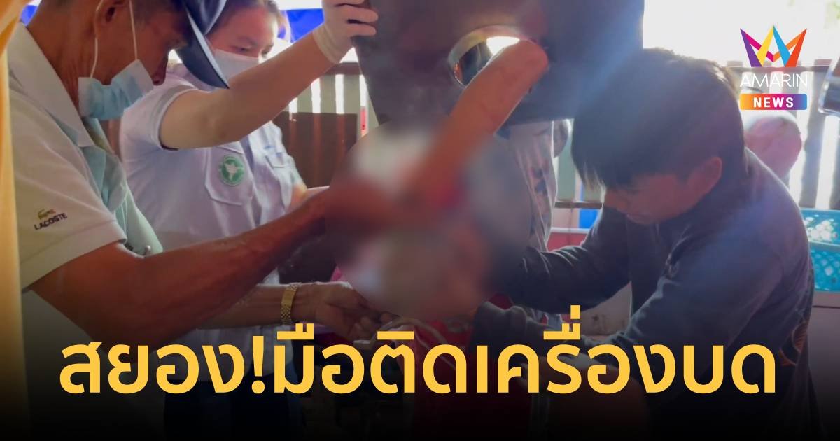 มือติดเครื่องบดหมู ล้วงลงไปทำความสะอาด มืออีกข้างดันไปกดสวิตช์เครื่อง