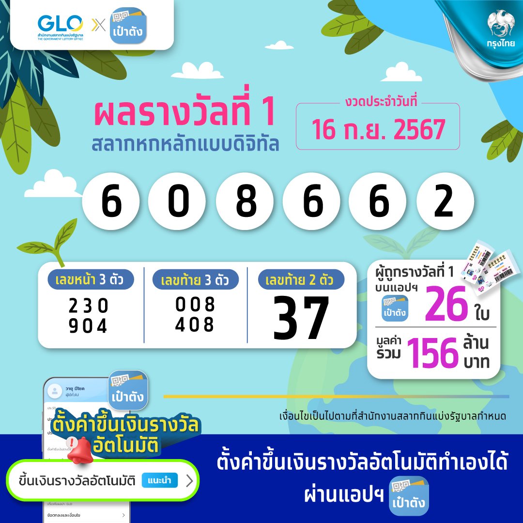 สลากดิจิทัล งวด 16 ก.ย. 67 เลขสลาก รางวัลที่ 1: 608662