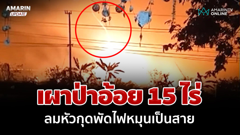 ผาป่าอ้อย 15 ไร่ ลมหัวกุดพัดไฟหมุนเป็นสาย ควันฟุ้งกระจาย