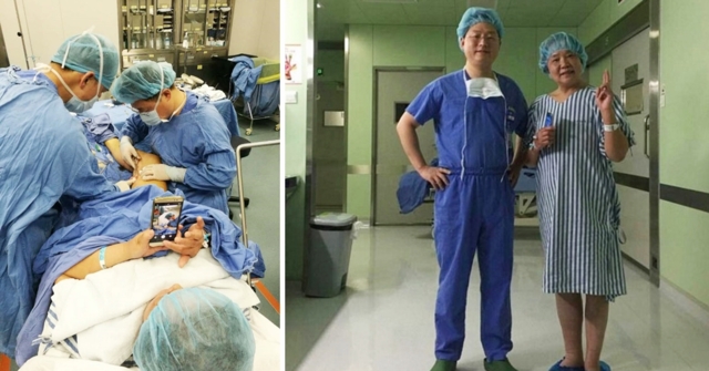 สาวใหญ่สุดชิล นอนเล่นมือถือขณะผ่าตัด