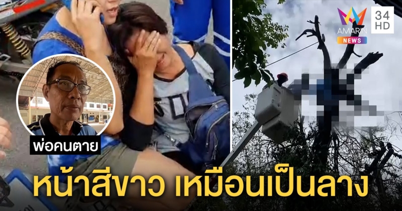 ช่างตัดกิ่งไม้ถูกลมพัดเอนถูกสายไฟฟ้าแรงสูงช็อตดับร่างห้อย พ่อเผยลางก่อนตาย (คลิป)