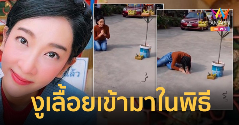 "เฟี้ยว์ฟ้าว" ก้มกราบงู หลังเลื้อยเข้ามาในพิธีอัญเชิญท้าวจตุโลกบาล