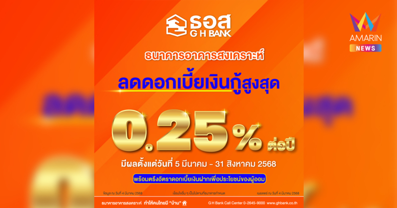 ธอส. ประกาศลดอัตราดอกเบี้ยเงินกู้สูงสุด 0.25% ต่อปี ช่วยกระตุ้นภาคอสังหาริมทรัพย์