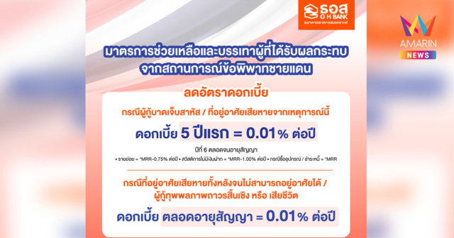 ธอส. พร้อมเคียงข้างลูกค้าที่ได้รับผลกระทบจากสถานการณ์ข้อพิพาทชายแดน จัดทำมาตรการเร่งด่วน ลดดอกเบี้ยเหลือ 0.01% ต่อปี