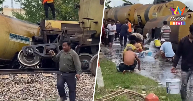 รถไฟบรรทุกน้ำมันตกรางในกัมพูชา ชาวเขมรจำนวนมากพากันขโมยน้ำมัน