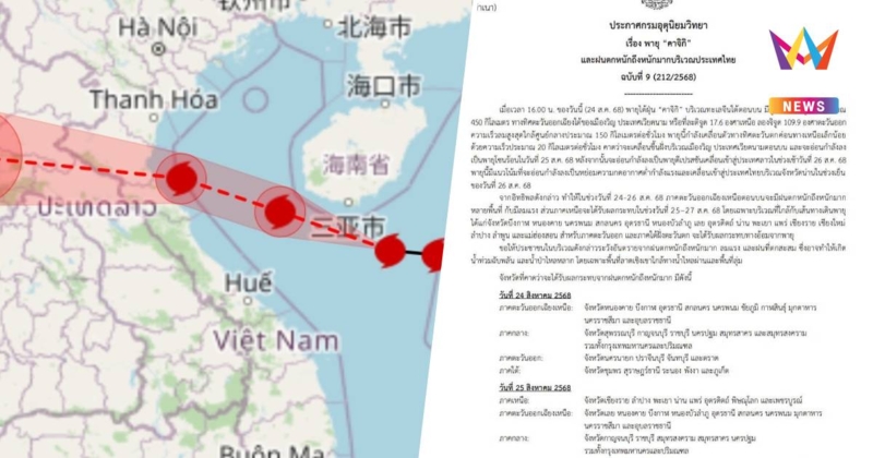 อุตุฯเตือนฉบับ9พายุคาจิกิขึ้นฝั่งเวียดนามพรุ่งนี้ เข้าไทยจ.น่าน26ส.ค.