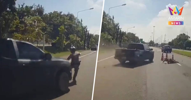 ตำรวจถูกกระบะพุ่งชนคาด่าน อาการพ้นขีดอันตรายแล้ว