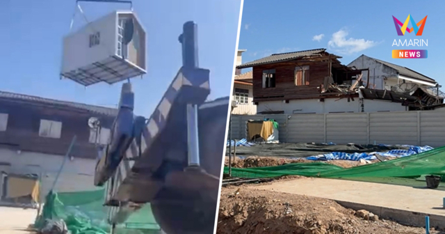 เครนยกบ้านน็อคดาวน์พลาด ล้มทับบ้านพังยับ บารมี 