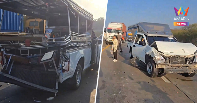 หวิดดับยกคัน ระทึกรถเทรลเลอร์เสยท้ายกระบะรับส่งคนงาน เจ็บ 18 ราย