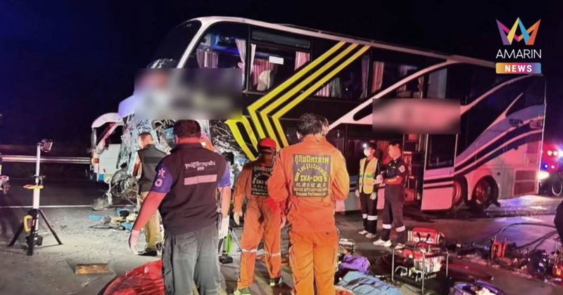 สลด! อุบัติเหตุ รถทัวร์โดยสาร พุ่งชนท้ายรถพ่วงบรรทุกปูน ดับ 2 ราย