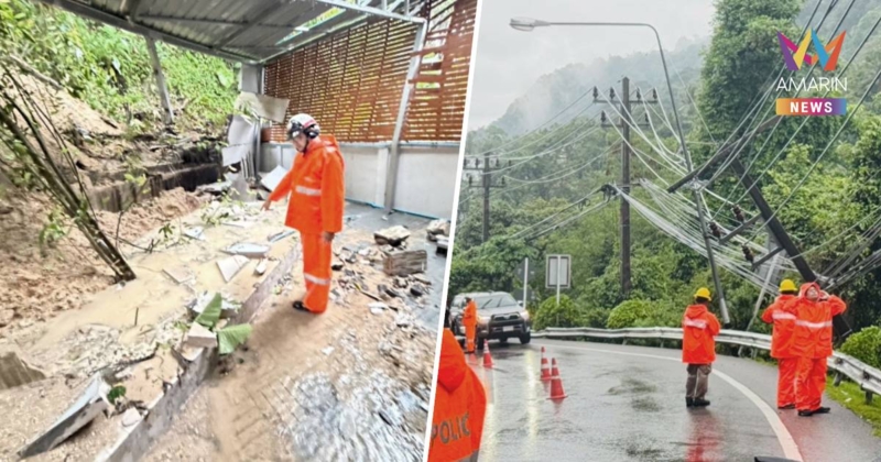 ฝนถล่มภูเก็ต! ฝนตกหนักต่อเนื่อง ดินสไลด์ไหลทับบ้านพัง เสียหาย 2 หลัง