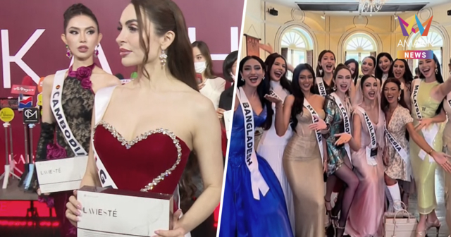 สปิริตแรง มิสยูนิเวิร์สกัมพูชา จับสินค้าไทย ถ่ายรูปข้าง 