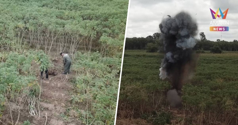 เจออีก!หัวจรวด BM21 ของกัมพูชา ยิงตกค้าง ในไร่มัน