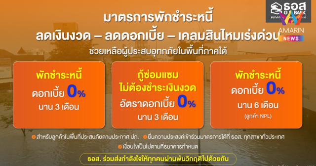 ธอส. จัดทำมาตรการพักชำระหนี้ - ลดเงินงวด - ลดดอกเบี้ย - เคลมสินไหมเร่งด่วน ช่วยเหลือผู้ประสบอุทกภัยในพื้นที่ภาคใต้