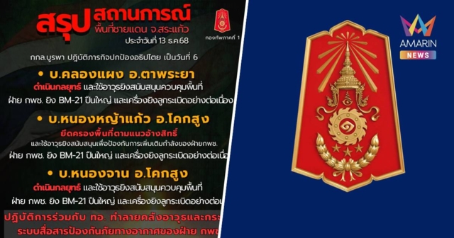 กองทัพภาคที่ 1 รายงาน สถานการณ์ชายแดนไทย-กัมพูชา จ.สระแก้ว 3 จุด