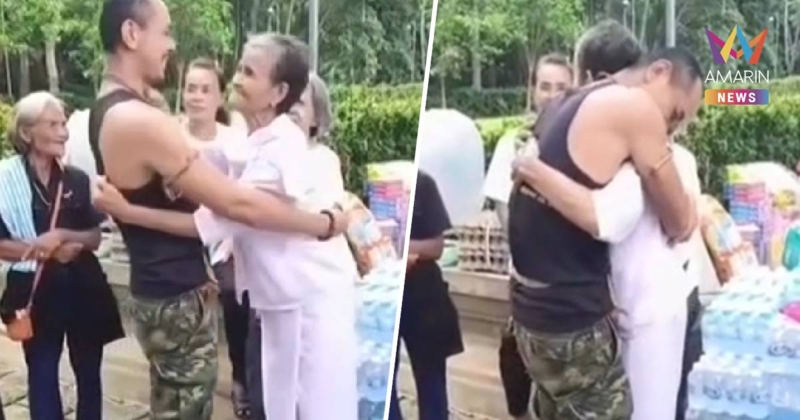 เปิดภาพสุดอบอุ่น เมื่อครั้ง "จ่าเริง" กลับมาเยี่ยมแม่ที่ศูนย์อพยพ