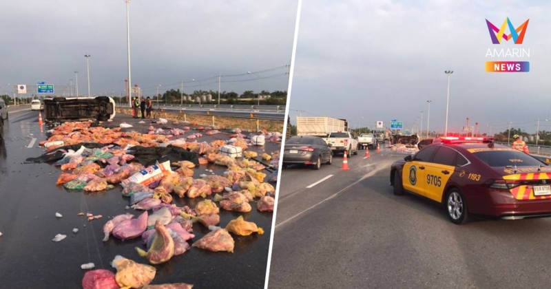 รถพลิกคว่ำของตกหล่น กีดขวางจราจร บนมอเตอร์เวย์M81ปิดจราจร2ช่องด้านขวา