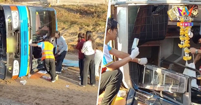 บัสรับส่งนักเรียนร้อยเอ็ดพลิกคว่ำ โชว์เฟอร์วัย 73 อ้างแดดแยงตา