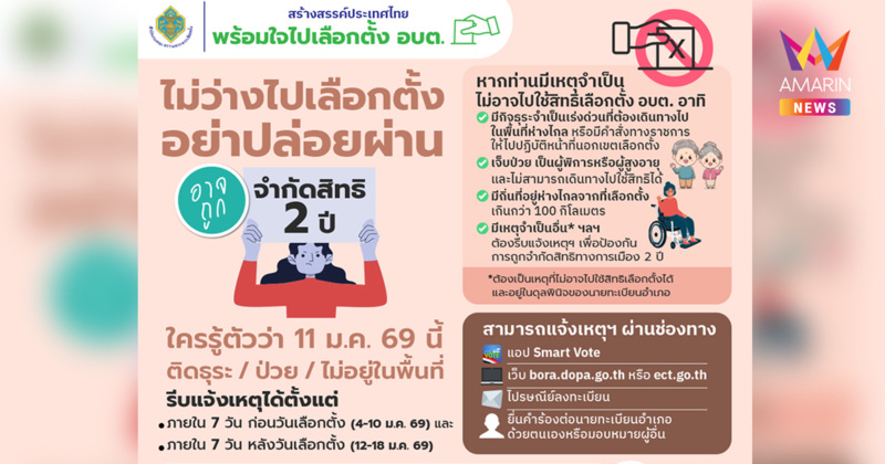 ไม่ว่างไปเลือกตั้ง อบต. อย่าปล่อยผ่าน อาจถูกจำกัดสิทธิ 2 ปี