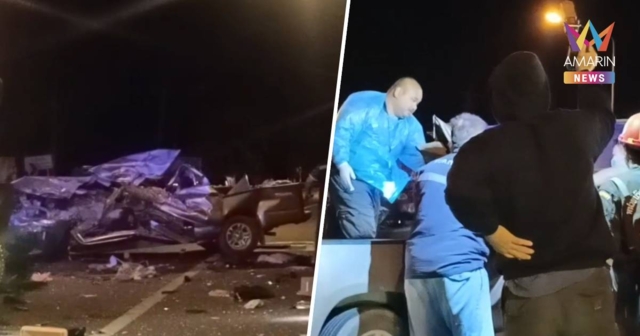 สลด! รถบรรทุก 6 ล้อ พุ่งข้ามเลนชนกระบะ ดับ 4 เจ็บ 4