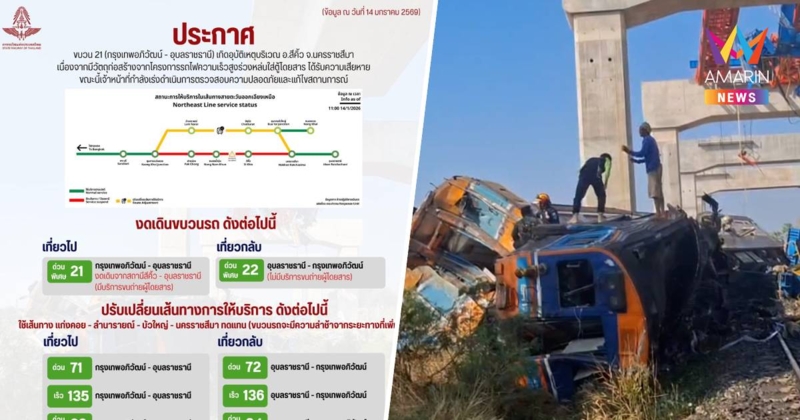 รฟท. แจ้งปรับเปลี่ยนเส้นทาง-งดเดินขบวนรถสายตะวันออกเฉียงเหนือ 14 ขบวน