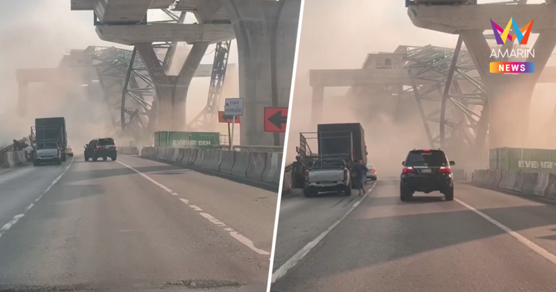 นาทีชีวิต! เปิดภาพกล้องหน้ารถ นาทีเครนยักษ์ร่วงทับพระราม2 ดับสลด 2 ราย