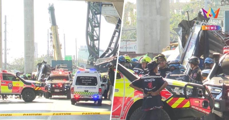 กู้ภัยเร่งกู้ร่าง 2 ผู้ประสบเหตุติดในซากรถเครนถล่มพระราม2