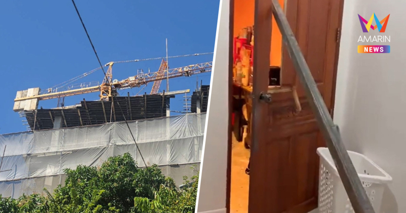 เจ้าของบ้านผวาแจ็กพอต เหล็กเส้นร่วงจากเครนคอนโดหรูทะลุกลางบ้าน