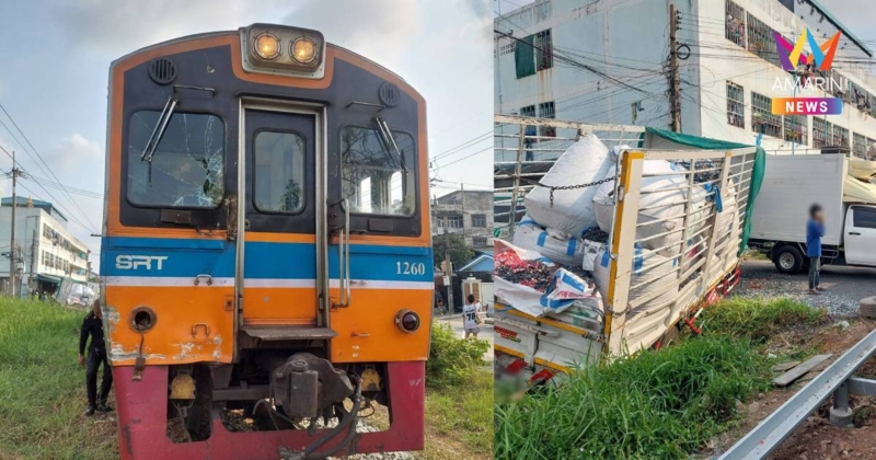รถ 6 ล้อชนรถไฟสายมหาชัย-วงเวียนใหญ่ สมุทรสาคร คนขับเจ็บเล็กน้อย