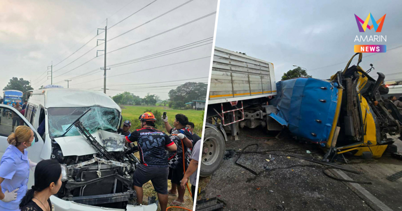 ด่วน! รถนร.ชนกันก่อนพุ่งใส่พ่วงเทรลเลอร์ ที่บางปลาม้า บาดเจ็บระนาว