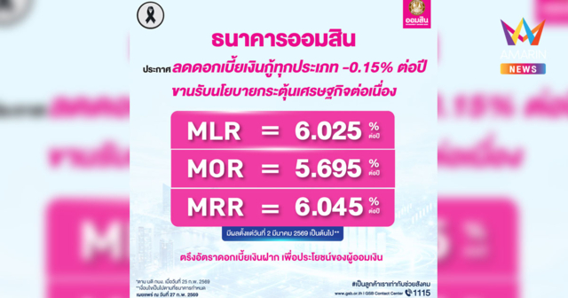 ออมสิน ประกาศลดดอกเบี้ยเงินกู้ทุกประเภท ขานรับนโยบายกระตุ้นเศรษฐกิจต่อเนื่อง MLR/MOR/MRR แตะระดับต่ำสุดทั้งระบบ พร้อมตรึงดอกเบี้ยเงินฝาก