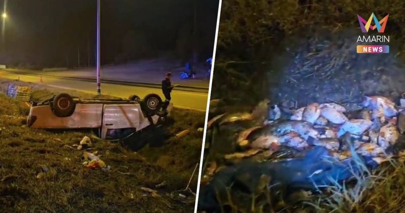 กระบะบรรทุกปลา 1,000 กก.พลิกคว่ำ เกลื่อนถนนสายลำปาง-แพร่