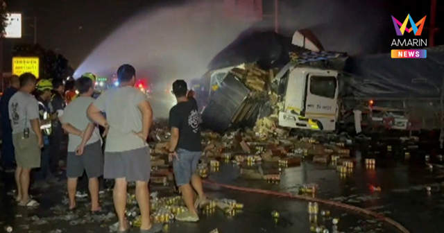 สนั่นมิตรภาพ! เทรลเลอร์ 18 ล้อซัดท้ายรถปูน ก๊าซ NGV รั่วไหลผวาทั้งถนน