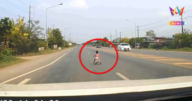 3 ขวบปั่นสามล้อเล่นกลางถนนใหญ่ พลเมืองดีบีบแตรลั่น-เบรกตัวโก่ง