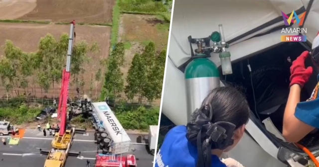 พ่วงทุเรียน 40 ตันพลิกคว่ำ กู้ภัยงัดช่วยโชเฟอร์ติดภายในกว่า 7 ชั่วโมง