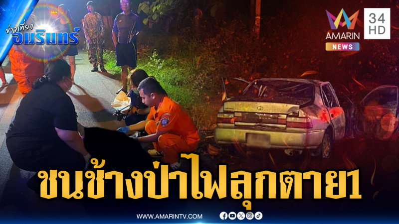 เก๋งพุ่งชนช้างป่าไฟลุกท่วม เสียชีวิต 1 เจ็บ 2 ราย