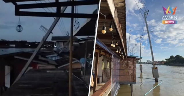 ระทึก! เรือโยงชนเสาไฟฟ้าริมเจ้าพระยา เสาเอน 6 ต้น ทับบ้านเรือนเสียหาย