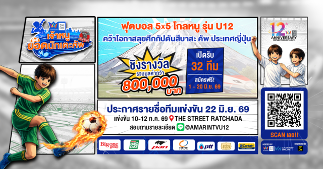 อมรินทร์ทีวี ฉลองครบรอบ 12 ปี จัดแข่งฟุตบอลรุ่น U12 “เจ้าหนูยอดนักเตะคัพ - Road to Japan” สานฝันเยาวชนไทย ลุยศึกกัปตันสึบาสะ คัพ