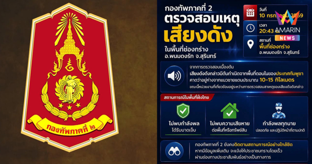 ด่วน! ทภ.2 แจงเสียงระเบิดสนั่นชายแดนสุรินทร์ ต้นตอเขมร ไทยไม่มีเสียหาย