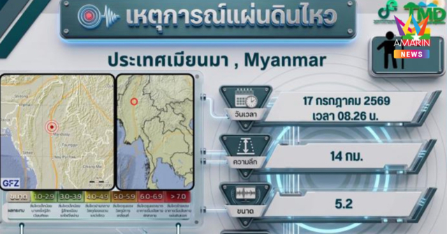 เช้านี้มีสะเทือน! แผ่นดินไหวเมียนมา  5.2 ริกเตอร์ ใกล้ชายแดนแม่ฮ่องสอน