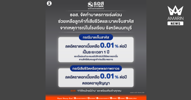 ธอส. จัดทำมาตรการเร่งด่วนช่วยเหลือลูกค้าจากเหตุการณ์ในโรงเรียน จังหวัดนนทบุรี กรณีเสียชีวิตหรือทุพพลภาพลดดอกเบี้ยเหลือ 0.01% ต่อปี ตลอดอายุสัญญา