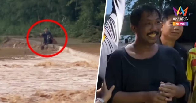 นาทีชีวิต! ฝ่ากระแสน้ำเชี่ยวช่วยชายติดป่าสุสานบ้านหมุ้น ปลอดภัย