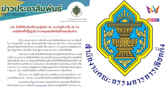กกต. มีมติให้ดำเนินคดีอาญาผู้สมัคร สส.แบบบัญชีรายชื่อ 28 ราย