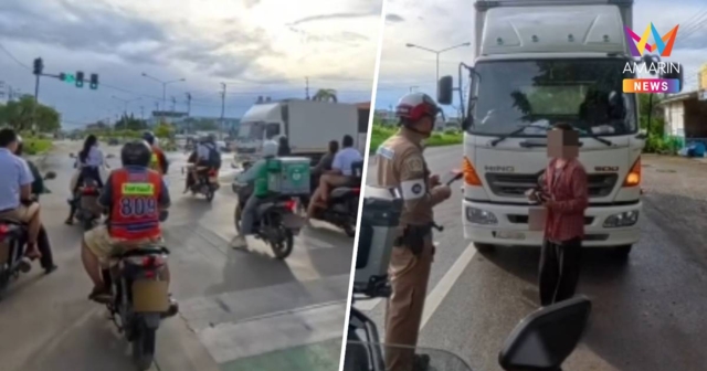 นาทีระทึก! 6 ล้อตู้ทึบซิ่งผ่าไฟแดง หวิดชนเด็กนักเรียนเกลื่อนแยก